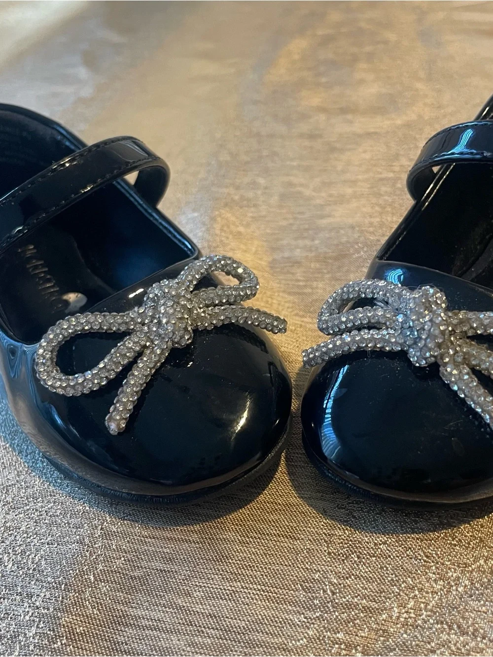 Black Patent Kids Mary Jane Shoes with Rhinestone Bow